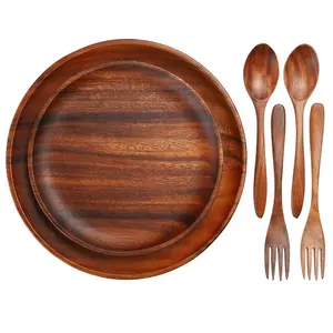Platos de madera de alta calidad para servir comida, juego de platos, cargador de madera plateado con tenedor de cuchara