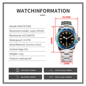 Montre MINUTETIME avec logo personnalisé NH35, luxe vintage, cadran NH35, aiguilles effet neige, mouvement automatique mécanique, étanche 10 BAR, acier, pour homme - Product Image 6