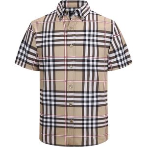 Custom Mens Plaid Button <b>Down</b> Shirt Short Sleeve Casual Wear Anti Wrinkle Polyester Poplin - Product Image 1