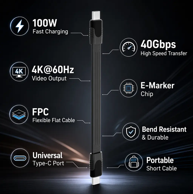 OEM Wholesale Flexible FPC Short USB-C to USB-C Cable 40Gbps,100W PD Charging 4K Video Output Flat Wire for Digital Accessories