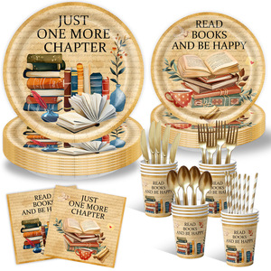 Retro Books Party Supplies Paper Plates Cups Napkins 60-80 Pcs Reading Theme Birthday Decorations Environment Friendly - Product Image 1