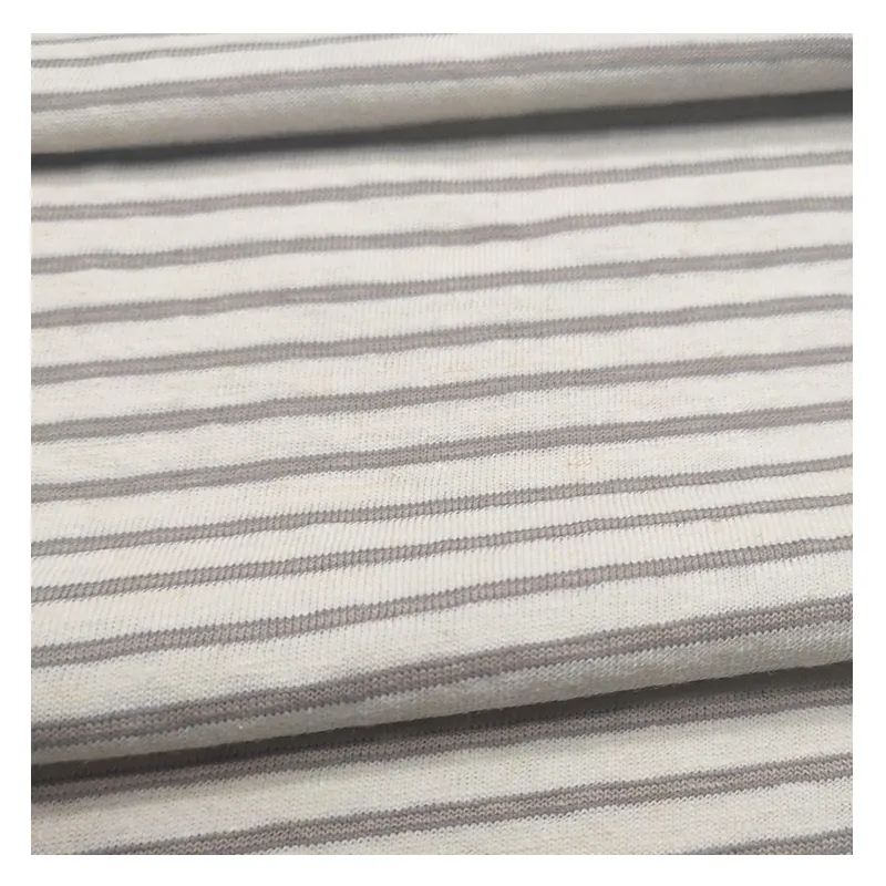 Pabrik grosir kain kaus tunggal rajutan garis katun organik 55% rami 45% kustom untuk kaus