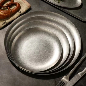 Vintage faire vieux style industriel café en acier inoxydable <span class=keywords><strong>dessert</strong></span> <span class=keywords><strong>assiette</strong></span> à gâteau Western <span class=keywords><strong>assiette</strong></span> ronde peu profonde barbecue <span class=keywords><strong>assiette</strong></span> à viande - Product Image 4