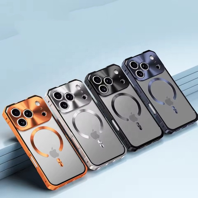 New Orange Magnetic Aluminium Alloy Metal Frame Case for iPhone 17 Pro Max Matte Clear Wireless Charging Shockproof Cover