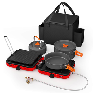 Ensemble de réchauds de camping pliants et portatifs à 2 brûleurs pour l'extérieur avec ustensiles de cuisine, poêle à frire, plaque chauffante, bouilloire, marmite, sac de transport, 20,000 BTU/h - Product Image 1