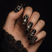 Faux ongles gothiques sombres en PMMA, longs, à pression, avec strass noirs, forme cercueil, couvrance totale, faits à la main, pour doigts