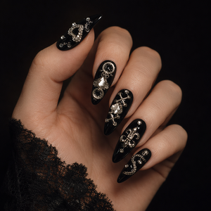 Faux ongles gothiques sombres en PMMA, longs, à pression, avec strass noirs, forme cercueil, couvrance totale, faits à la main, pour doigts - Product Image 6