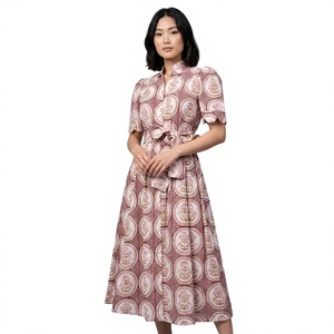 Robe midi vintage simple à imprimé floral, manches courtes, ceinture, décontractée pour femme, printemps, respirante, tricotée, 100% coton - Product Image 1