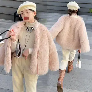 2024新しい冬の子供たちの女の子ピンクの毛皮のような厚手のコート5-15年