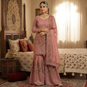 <b>Pink</b> Silk Embroidered <b>Salwar</b> <b>Kameez</b> Set Floral Sequin Sharara Suit With Dupatta for Wedding Party Women - Product Image 1