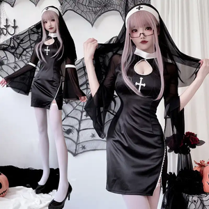 Mujeres Halloween <span class=keywords><strong>Sexy</strong></span> monja Cosplay disfraz vampiro Cruz estilo gótico oscuro negro vestido de monja con tocado carnaval ropa de juego de rol - Product Image 1