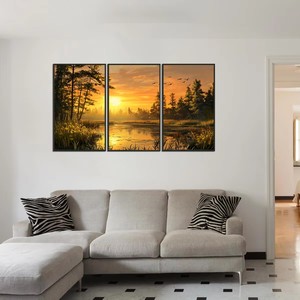 Collezione di <span class=keywords><strong>dipinti</strong></span> su tela con riflessi del lago al tramonto e alberi silenziosi, decorazioni artistiche ispirate alla natura per la casa - Product Image 1