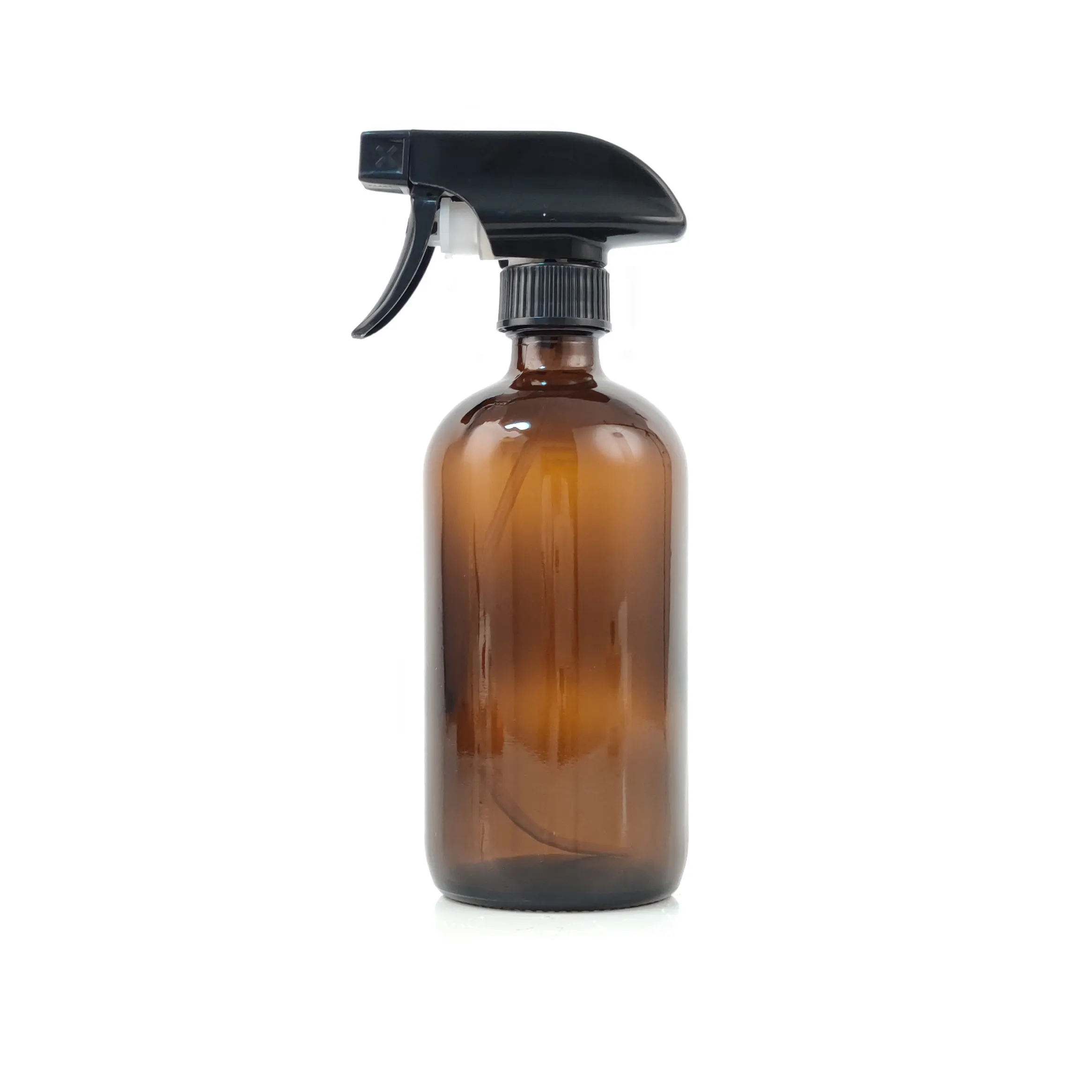 Wholesale 480ml 50cl 16oz amber round glass boston bottle with black trigger sprayer 500ml boston bottle