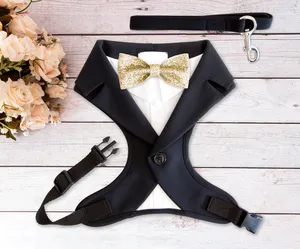 Tuxedo – tissu de luxe pour chien de mariage, Design de vêtement formel pour animaux de compagnie, collier de cou, ensemble de plomb, harnais pour chien noir avec laisse