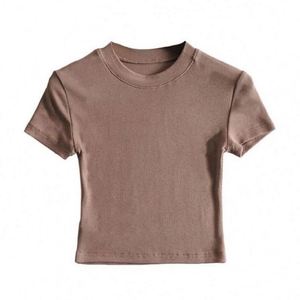 Haut côtelé moulant à manches courtes pour femme, col rond, coupe ajustée, basique, décontracté, pour le sport et le yoga - Product Image 5