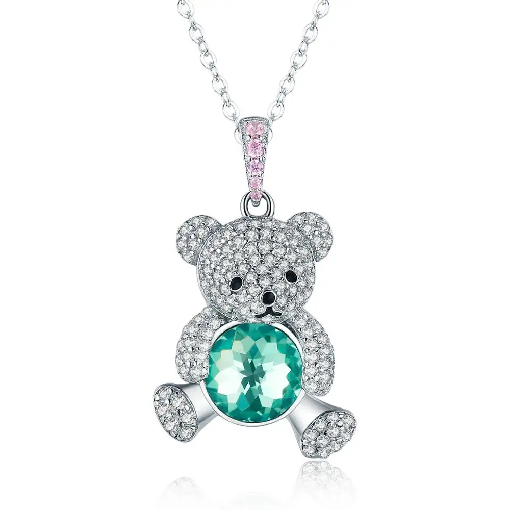 BAGREER SCN265 Wholesale cz stone green zircon cute bear pendant 925silver necklace jewelry for women girls