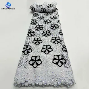 African White Black Cotton Lace Fabrics 5 Yards Luxury Guipure Cord With Sequins Lace For Lady Party