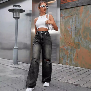 Nouveaux jeans en denim décontractés pour femmes, à la mode, à taille mi-haute, droits, respirants, lavage clair, amples, en gros, avec logo personnalisé - Product Image 3