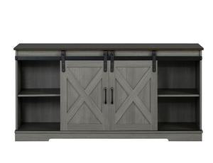 Mid-Century Style <b>Adjustable</b> TV Stand Living Room Two Tone Design Metal Black Accent X-Cross Sliding Drawer Door Brown Gray - Product Image 6
