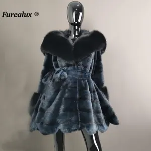 Naturnerz Mantel Tinte blauer Farbpelzmantel mit Foxpelz Kapuze und Manschetten Mode luxuriöser Wintermantel damen warme Pelzjacken