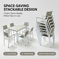 Ensemble de salle à manger d'extérieur 7 pièces : 1 table, 6 chaises empilables en aluminium, table aspect bois avec trou pour parasol, mobilier de jardin