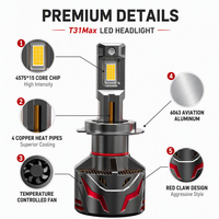 Phares LED de voiture super lumineux T31Max 240W 24000LM H7 6000K 4 tubes en cuivre H4 H11 H8 9005 Canbus IP68 Accessoires d'éclairage automobile