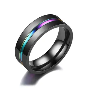 Retro Colorful Line Titanium Men Ring Simple Black Elegant Groove Stainless Steel Ring