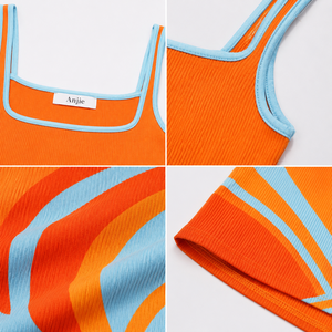 Fabricante de Vestidos Mini de Punto Acanalado para Mujer con Cuello Cuadrado, Estampado en Espiral y Bloques de Color, Certificación GRS REACH, Logotipo Personalizado OEM ODM A&J - Product Image 2
