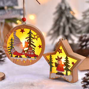 Wooden Christmas <b>Hanging</b> Ornaments Led Lighted Round <b>Star</b> Shape Santa Snowman Decorations For Christmas Tree - Product Image 4