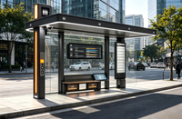 Abri de bus en acier galvanisé avec panneau publicitaire lumineux LED, banc extérieur intelligent pour station d'attente de transport public