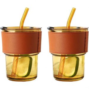 Transparent Glasses Stripe Glass Cup with Lid and Straw Ice Coffee Mug Tea Cup <b>Drinkware</b> Water Bottles Kitchen <b>Accessories</b> - Product Image 3