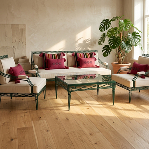 Conjunto de conversación vintage de hierro forjado con diseño de rejilla <span class=keywords><strong>esmeralda</strong></span>, cojines beige y almohadas decorativas con borlas, conjunto de salón para terraza acristalada, para casa de campo o villa en EE. UU. - Product Image 3
