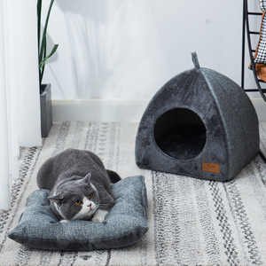 Lit pour chat triangulaire taille moyenne en fausse fourrure, maisonnette douce et fermée pour animaux de compagnie, pour un sommeil profond, lit pour chien, fournitures pour animaux de compagnie - Product Image 2