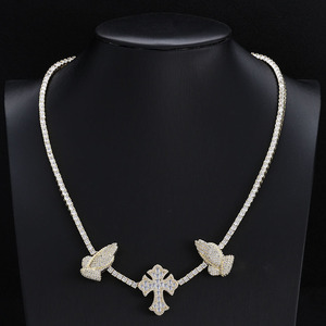 Hip Hop Brass/Copper Alloy 3.5mm <b>Cross</b> Prayer Hand Zircon Micro Insert Link <b>Chain</b> Customized Engagement Unisex Retro Necklace - Product Image 3