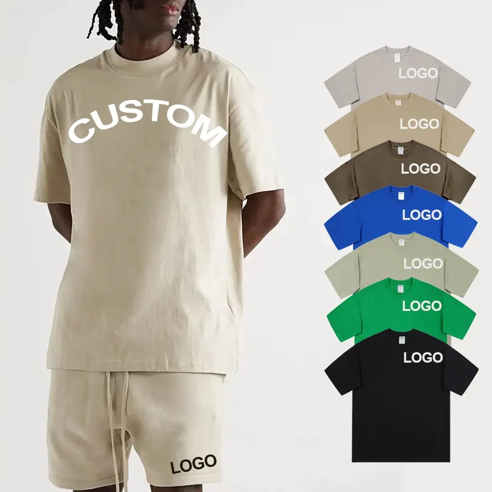 Summer Custom Logo Oversized Shirts Men Boxy Fit Blank Tee 100% Cotton Plain Shorts And Shirt Set For Men