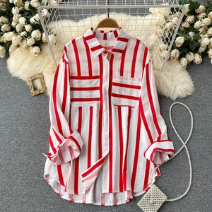 <span class=keywords><strong>Camicette</strong></span> e camicie da donna di moda con risvolto a maniche lunghe Casual in stile coreano a righe primaverili e autunnali - Product Image 3
