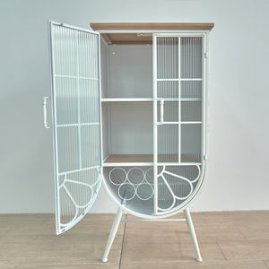 Nuevo Gabinete de Almacenamiento Rústico de Gran Tamaño con Puerta Arqueada de Vidrio Blanco, Parte Superior de Madera y Patas de Hierro para la Entrada o Sala de Estar - Product Image 4