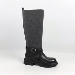 Stivali Alti al Ginocchio da <span class=keywords><strong>Donna</strong></span> Neri e Grigi con Punta Tonda, Tacco Basso, Fibbia Metallica e Cinturino, Stivali Lunghi Casual per Uso Quotidiano, Vendita all'Ingrosso - Product Image 1