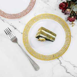<span class=keywords><strong>Assiette</strong></span> jetable en plastique compostable de 9 pouces <span class=keywords><strong>Assiette</strong></span> à gâteau occidentale Golden Rose Gold Silver Accents <span class=keywords><strong>Assiette</strong></span> de fête en papier creux Vaisselle - Product Image 3
