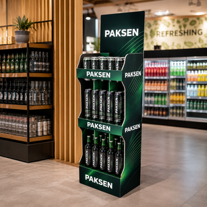 Drink Display Corrugated Paper Floor <b>Stand</b> 3-Tier Green Rack For Beverage Cans Bottles Supermarket Retail Zone - Product Image 1