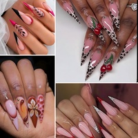 Faux ongles à presser faits main en gros, longs, forme stiletto, rouge vif brillant, réutilisables