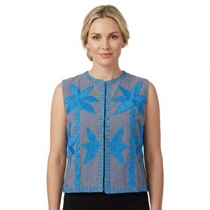 Elegant <b>Blue</b> Embroidered Cotton Sleeveless Vest <b>Women's</b> Autumn Summer <b>Waistcoat</b> Floral Pattern Hand Stitched O-Neck Casual - Product Image 1