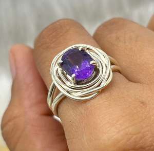 Bague fantaisie vintage en argent sterling 925 avec améthyste naturelle sertie clos, sans nickel, sans plomb, bijoux bohèmes violets pour femme, mariage - Product Image 3