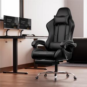 Silla de juego ajustable en altura con reposapiés, silla negra de cuero PU giratoria personalizada con masaje para jugadores - Product Image 2