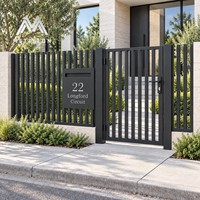 Portail de clôture moderne en aluminium sur mesure, à lattes verticales, thermolaqué noir, pour entrée piétonne, idéal pour villa de luxe et jardin.