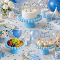 Taartplateau voor kinderfeestjes, bruiloften, babyshowers, roze, blauw, wit, rond, van plastic, voor fruit en desserts.