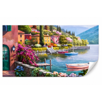 Impression sur toile en polyester Paysage de village en bord de lac coloré 70x40cm Impression numérique de paysage pour décoration murale de maison ou d'hôtel