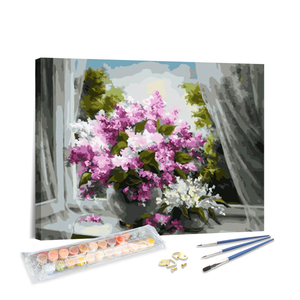 Kit de Arte en Lienzo para Pintar por Números OEM ODM: Ramo de Lirios con Vista a la Ventana y Vegetación - Product Image 1