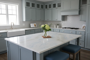 Dalles de quartz artificiel haut de gamme Union Quartz Vietnam Calacattra Starry Blue, 20 mm, pour plans de travail de cuisine, salle de bain et tables. - Product Image 4