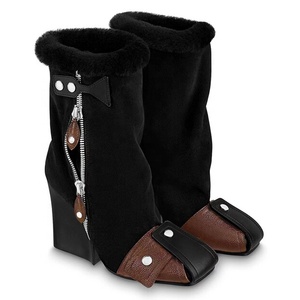 Winter Fur Top Block Heel Square Toe Women Ankle Boots Side Zipper Mixed Color Belt Buckle Short Booties Ladies Flock <b>Shoes</b> - Product Image 3